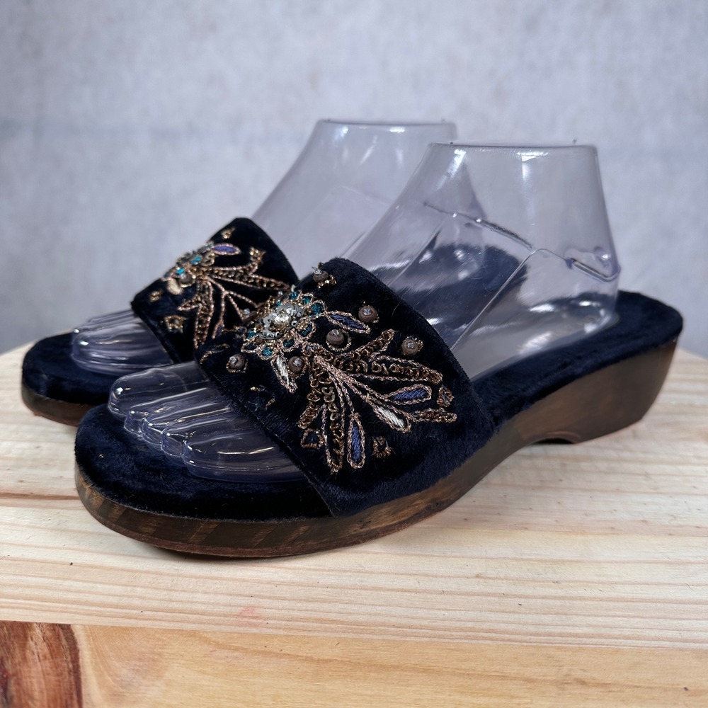 Luca Stefani Velvet Wedge Slide Sandals Womens 10 Navy Blue Good Embroidered